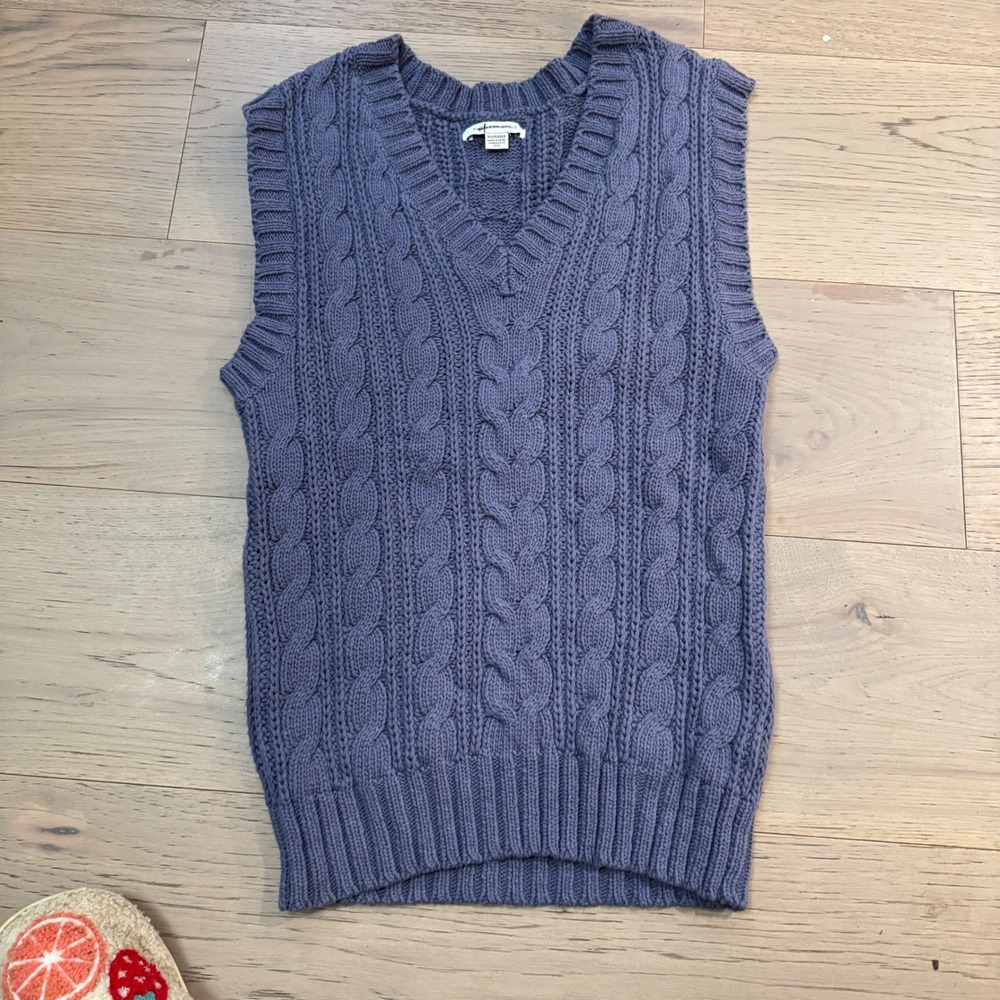 American Eagle‎ Womens Blue Cable Knit Sweater Vest V-Neck 100% Cotton Size XS